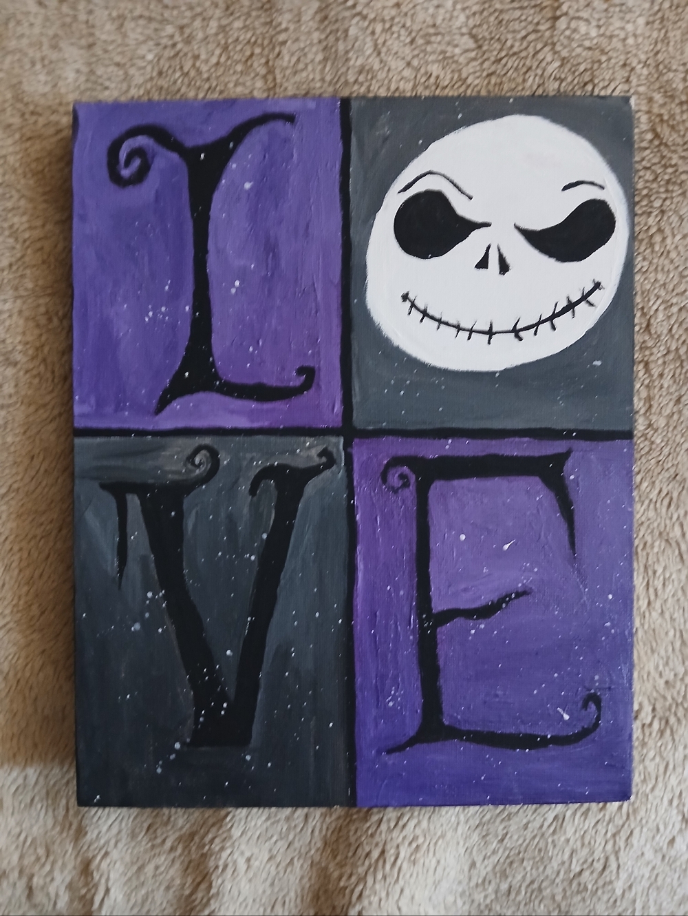 Hand-Painted Jack Skellington LOVE Wall Art in Purple, Gray & White. 8 × 10